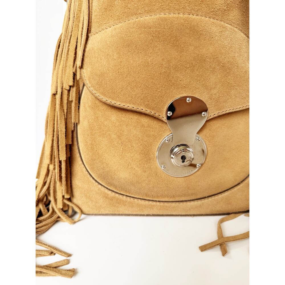 Ralph Lauren Ricky Fringe Bucket Bag Suede Camel Leather Drawstring Crossbody - Picture 2 of 16